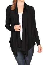 Women's Long Sleeve Draped Neck Open Front Waist Length Solid Cardigan Made in USA